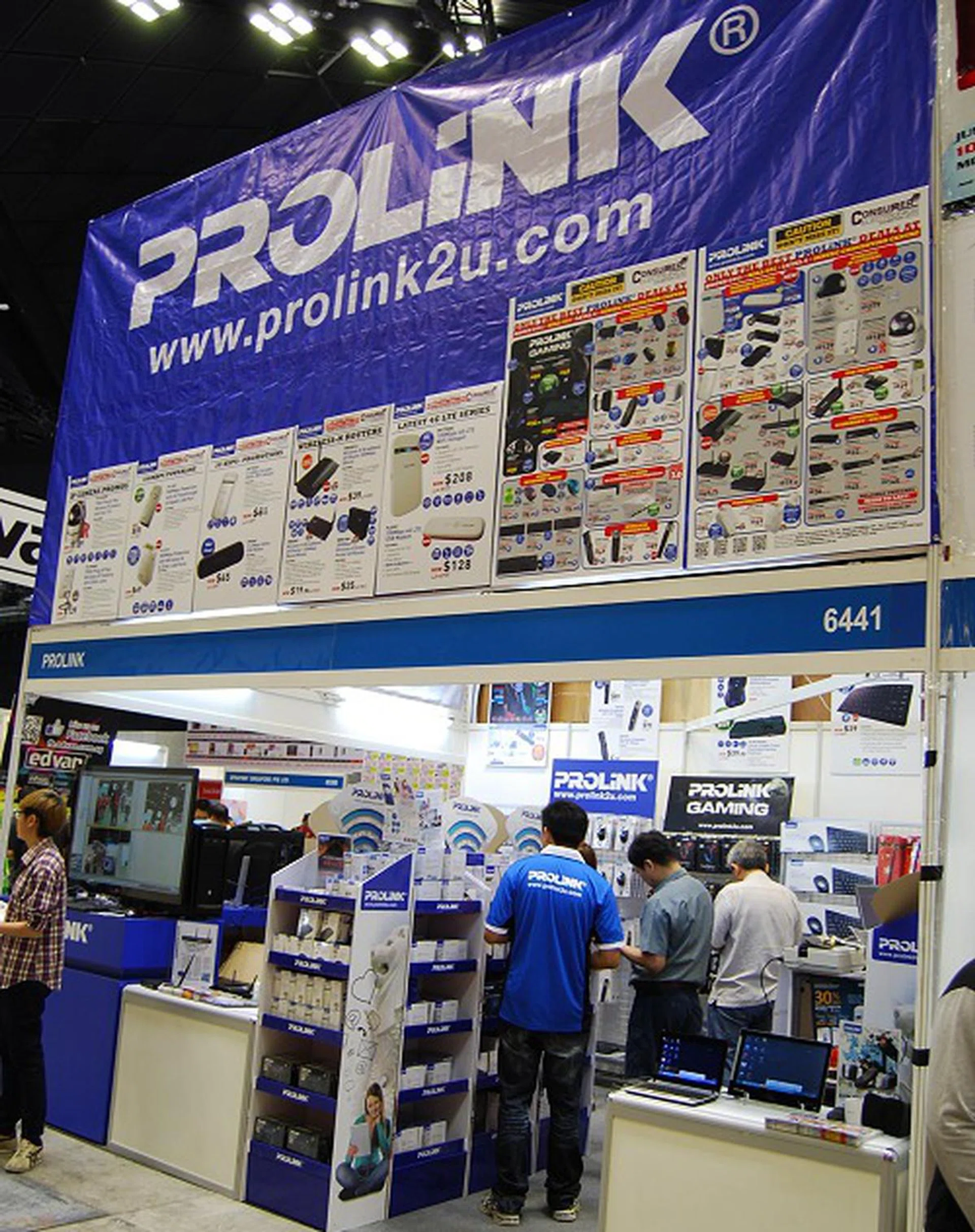 Prolink's booth is packed with PC peripherals and networking accessories.