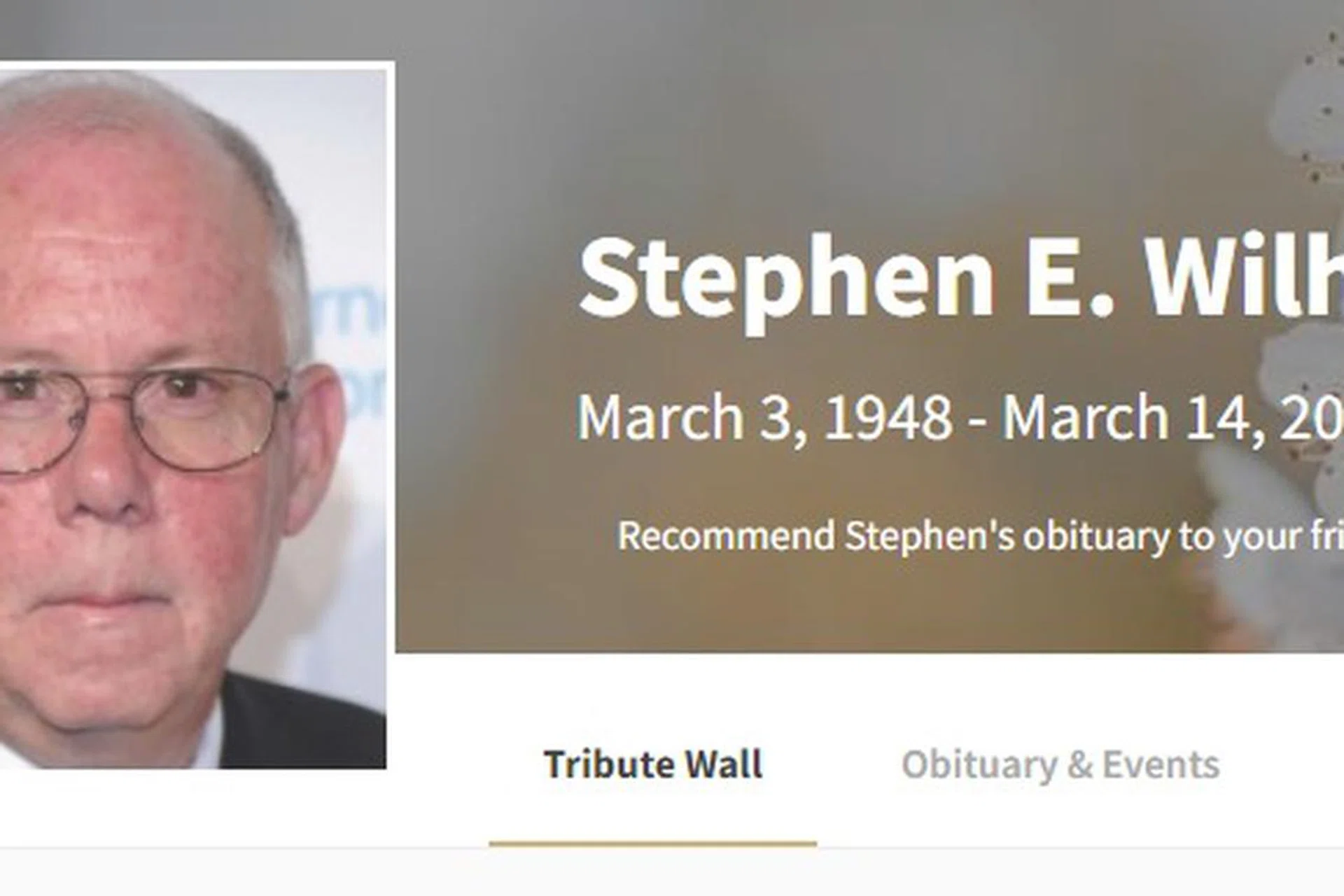 Stephen Wilhite's obituary announcement. 