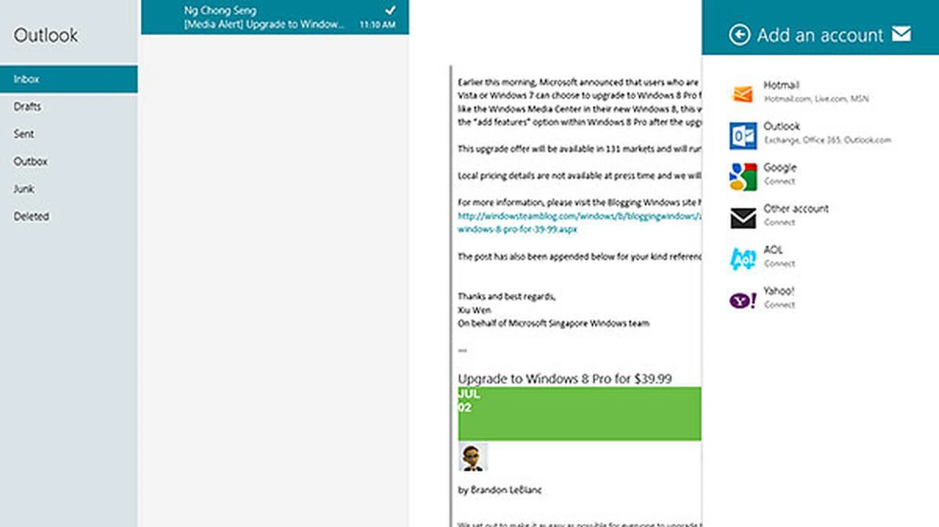 Like all other Modern-style apps, Mail takes up the whole screen when opened. Naturally, it supports more than just Microsoft email services.