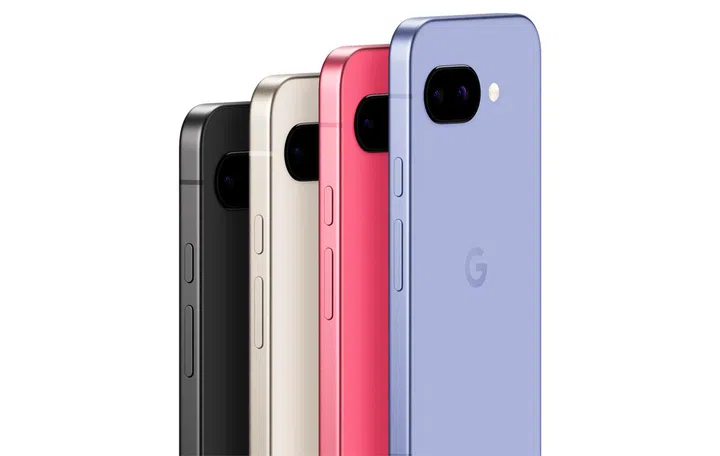 L to R: Google Pixel 9a in all four colourways, Obsidian, Porcelain, Peony, and Iris. Image: Google.
