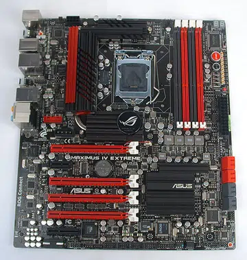 The familiar red and black of ASUS' Republic of Gamers motherboard series is once again used for the latest P67 based version, the Maximus IV Extreme. It may not look any larger in this image, but this is an extended ATX board.