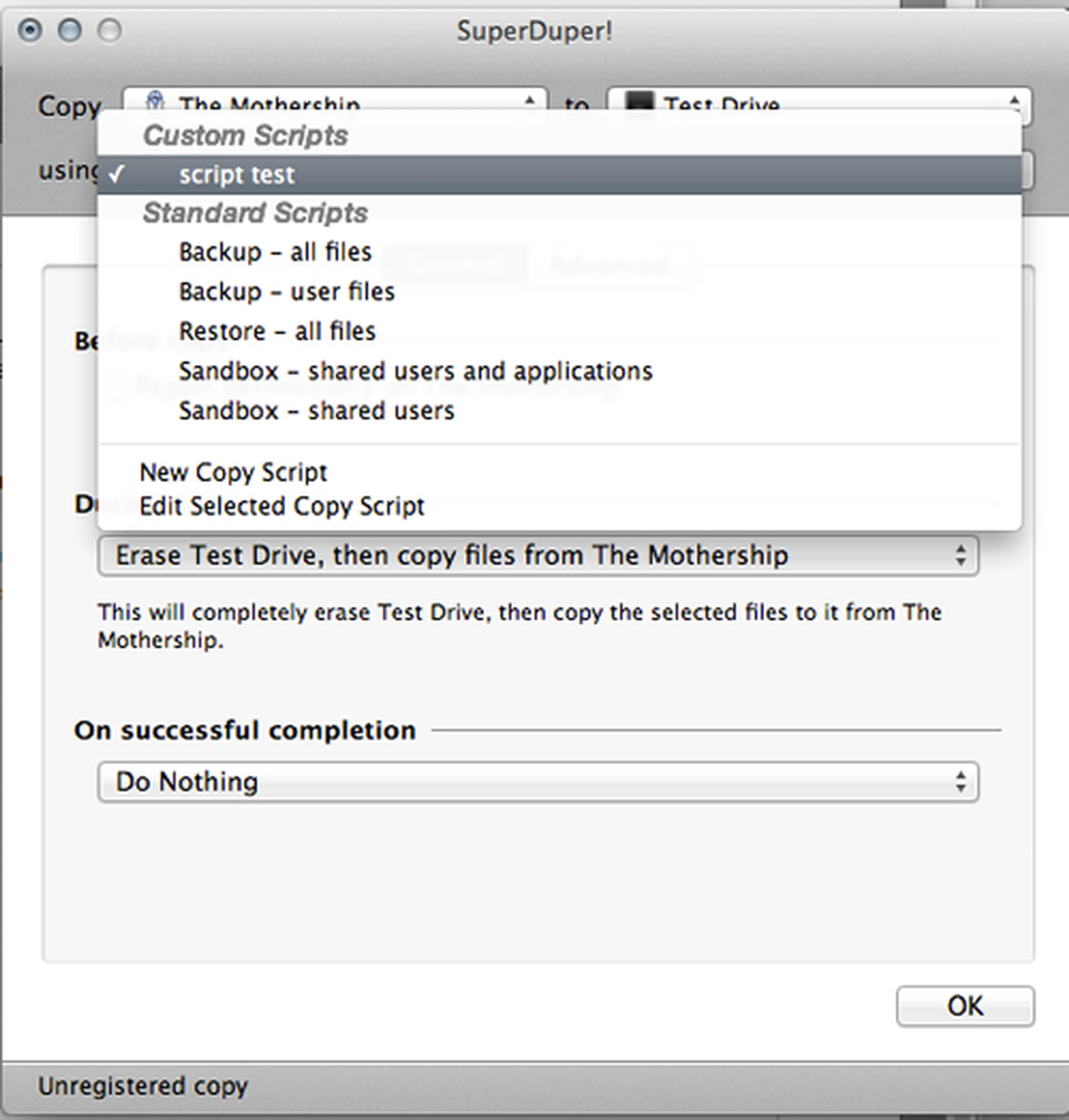 You should now see the new Copy Script that you have created in the drop-down list.