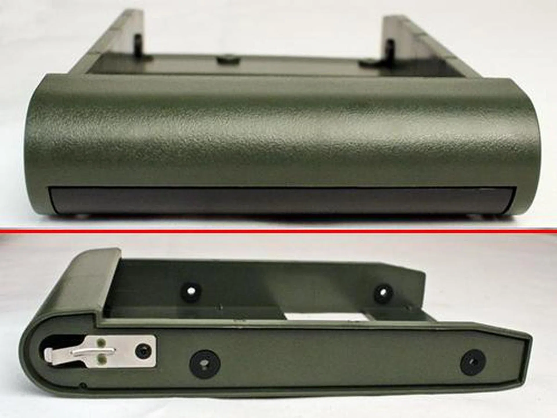 The front and side views of the 3.5-inch drive bay tray. From the front view, you can see the retractable black dust cover for the finger grip of the tray.
