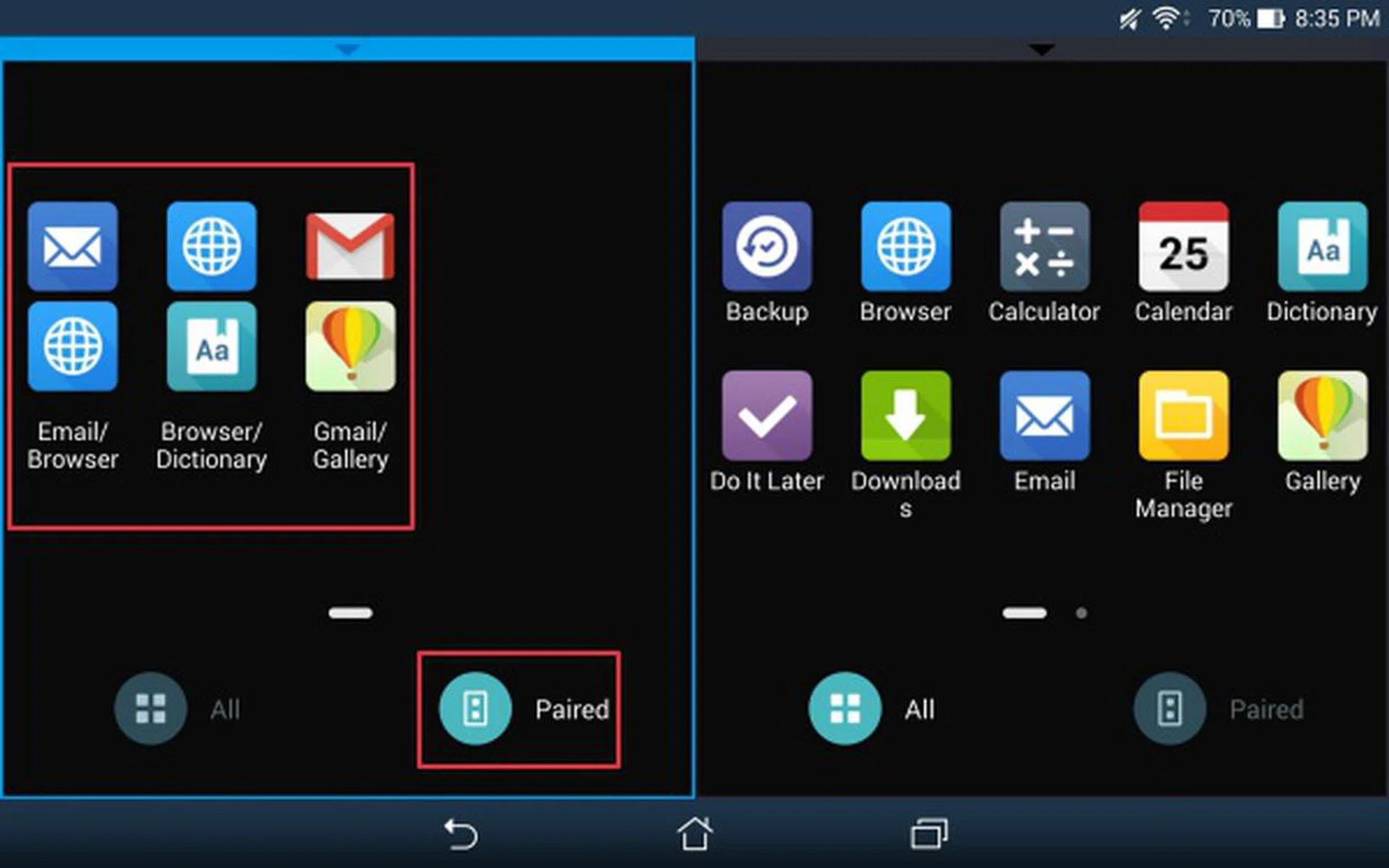 Dual-App feature allows you to pair apps so that you can open them together. As there is no support for third party apps, this feature is only limited to ASUS and Google apps.