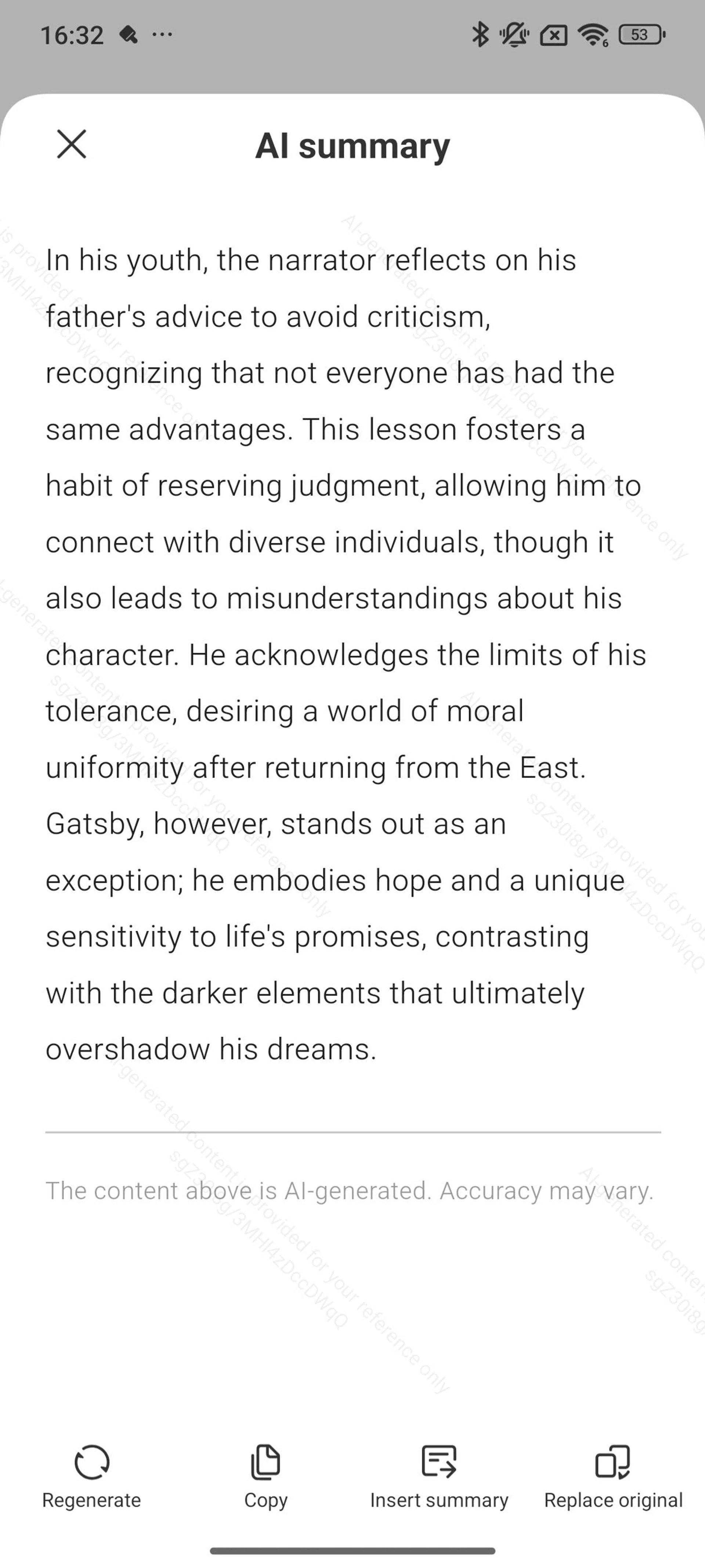 AI Notes summarising a paragraph of The Great Gatsby. Photo: HWZ.