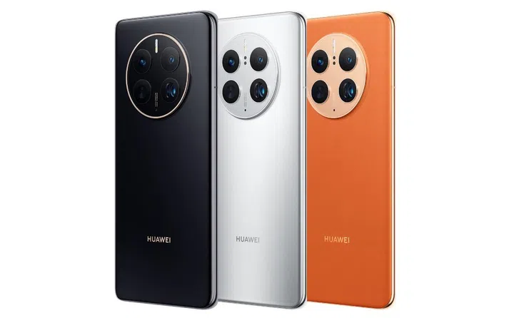Huawei Mate 50 Pro in Black, Silver, and Leather Orange.
