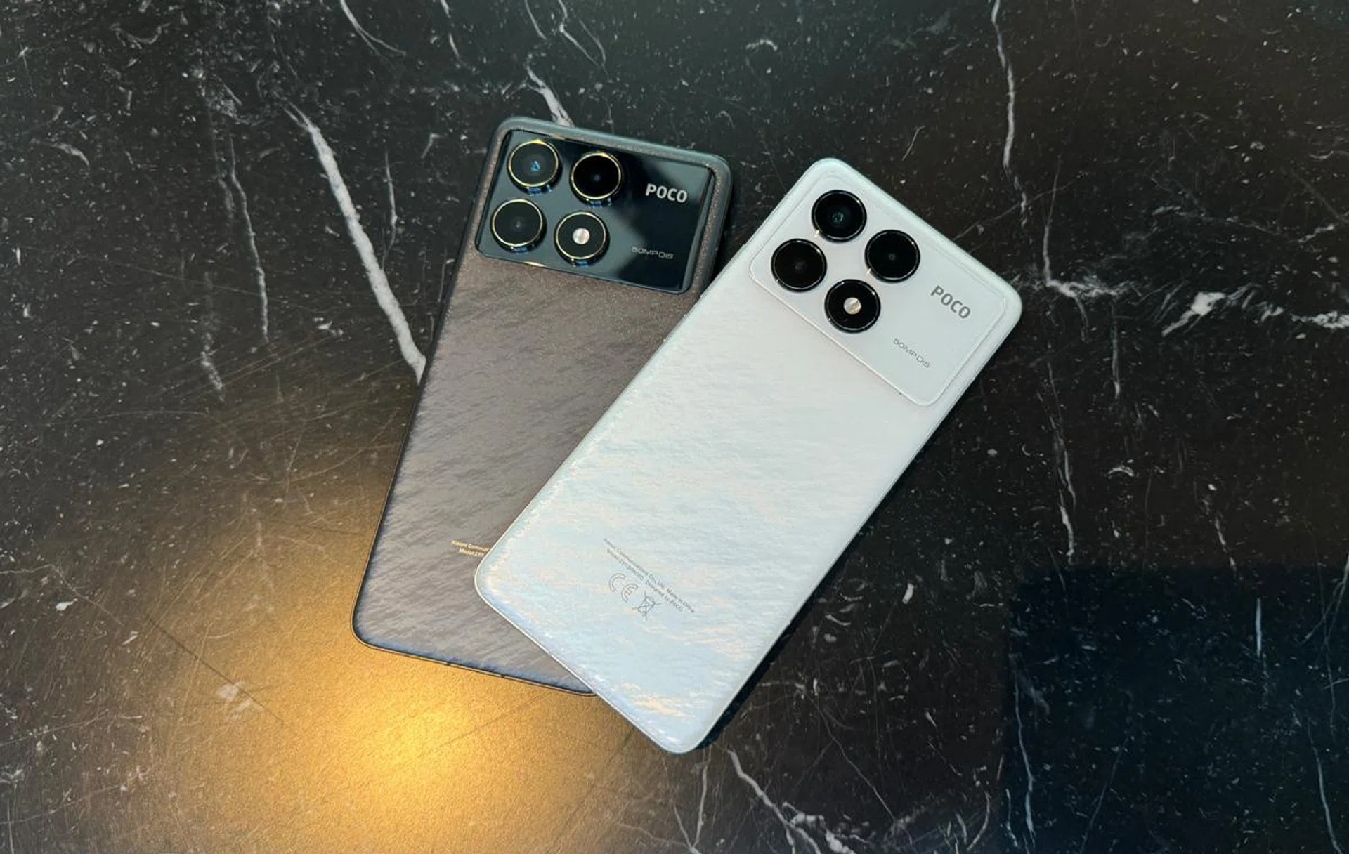 Poco F6 Pro in its two colors, Black (left) and White (right).