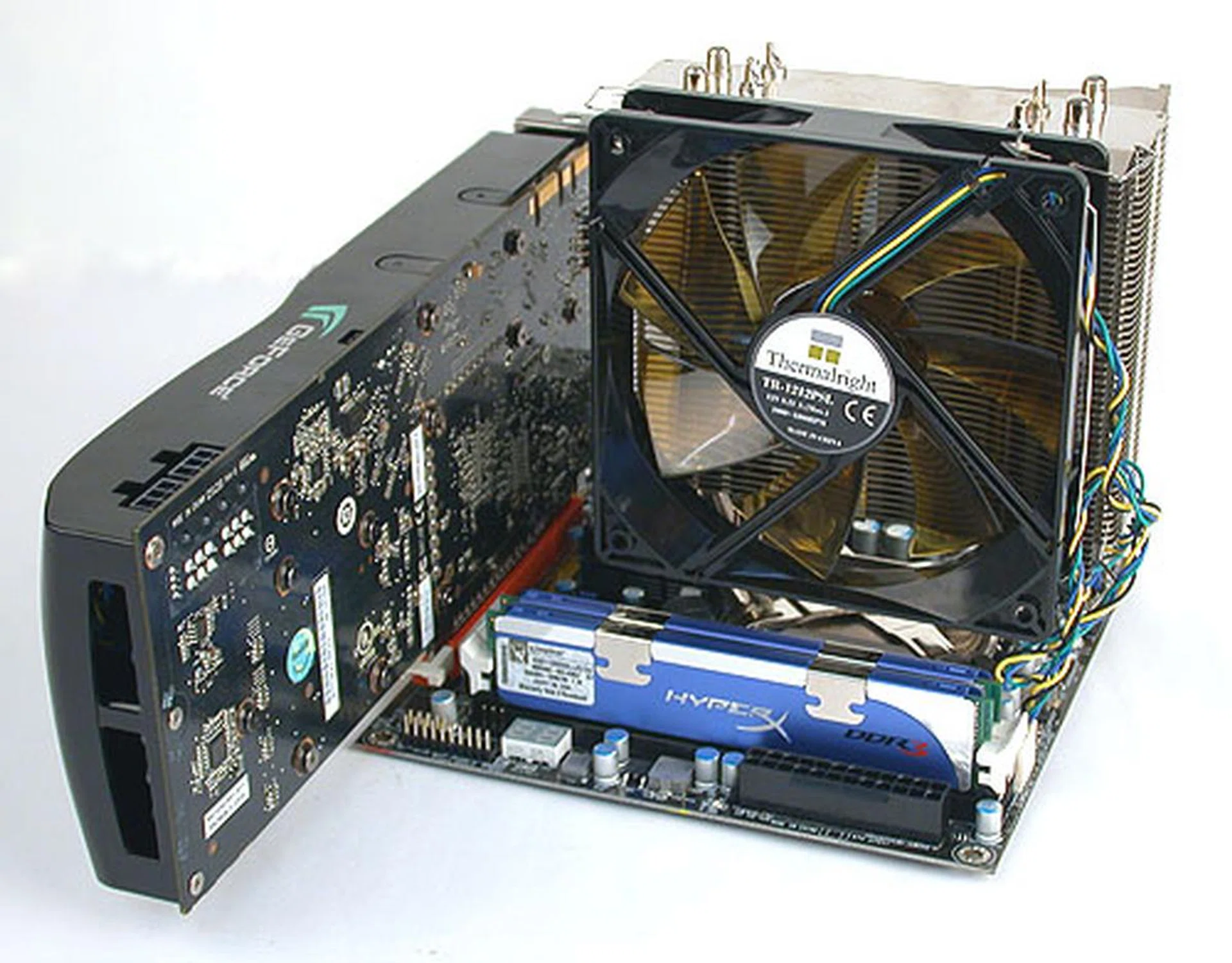This DFI Mini-ITX board practically gets buried under all our installed test components.