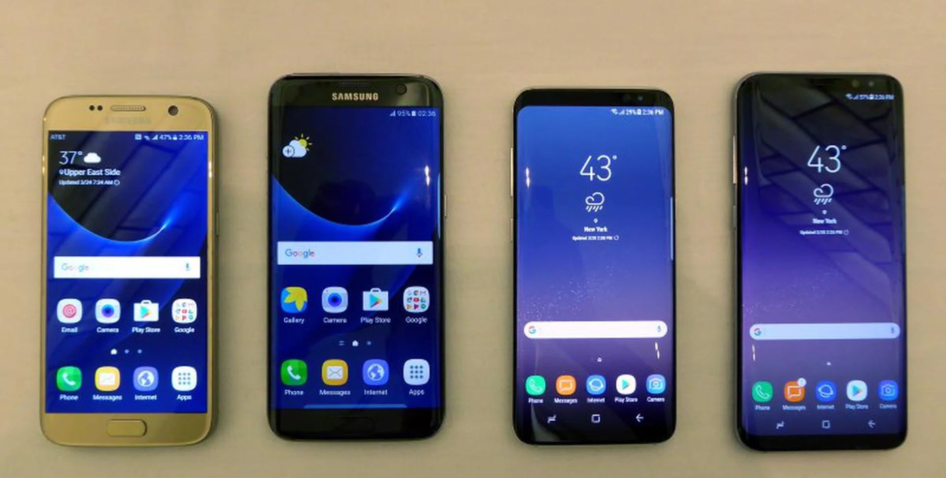 From left to right, Samsung Galaxy S7, S7 Edge, S8, S8+. Not only is the Infinity Display more compelling, the phones themselves look better crafted as a single piece of glass rather than segmented parts.