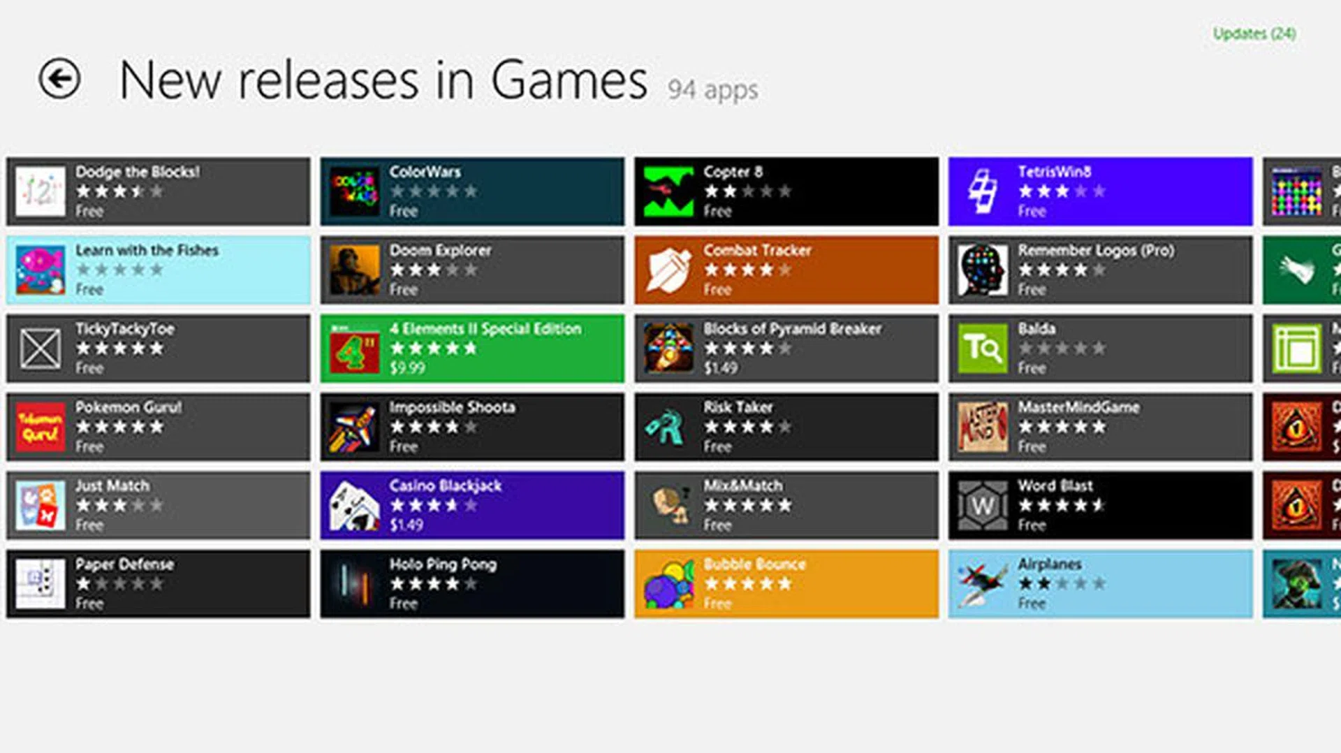 Apps in a group are listed as rectangle tiles. At a glance, you can see their names, user ratings, and prices.