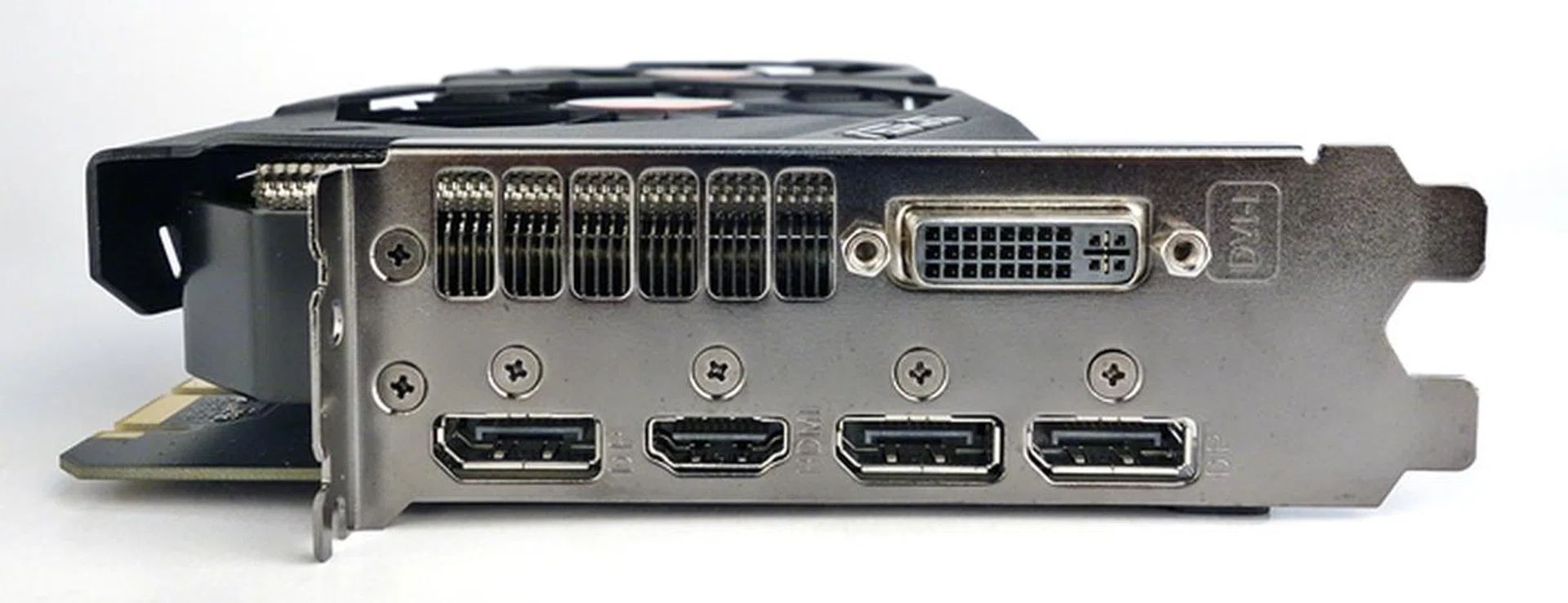 The card has one dual-linked DVI-I port, one HDMI 2.0 port, and three DisplayPort ports