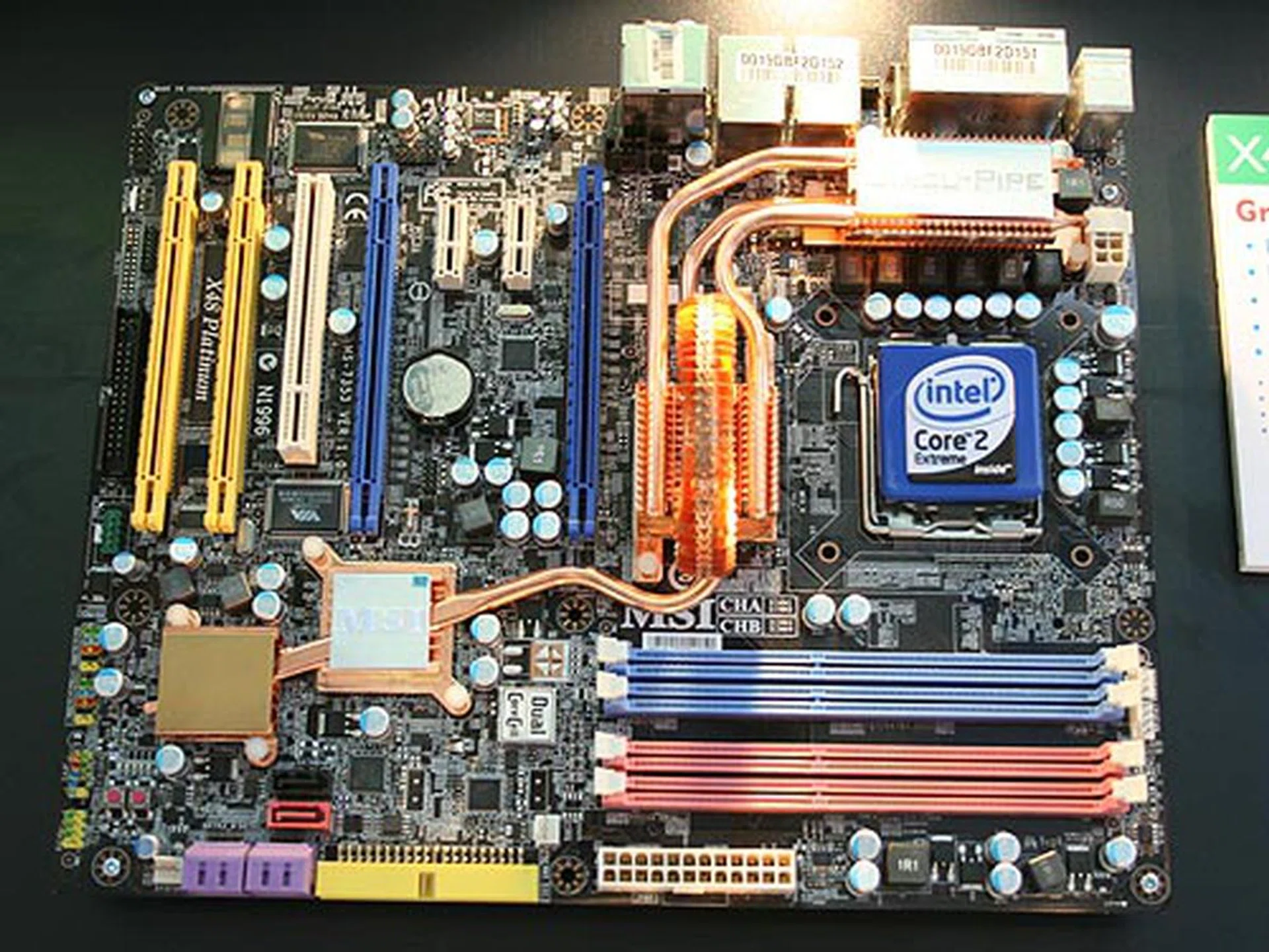  The MSI X48 Platinum is one of MSI's premium offerings based on the Intel X48 chipset. Packed with MSI's GreenPower technology which provides dual-channel four-phase PWM and the Circu-Pipe cooling design, this board should provide overclockers and enthusiasts with all that they need to get their system running at high speed. Besides that, the board also features four PCIe x16 graphics slots for quad CrossFireX, plug-and-play hardware RAID, DDR3-1800 support and eight SATA II ports (six internal and two eSATA).  