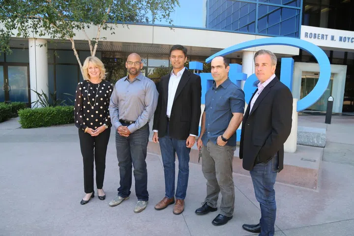 Intel’s Diane Bryant with Nervana’s co-founders Naveen Rao, Arjun Bansal, Amir Khosrowshaki and Intel vice president Jason Waxman (Source: Intel)
