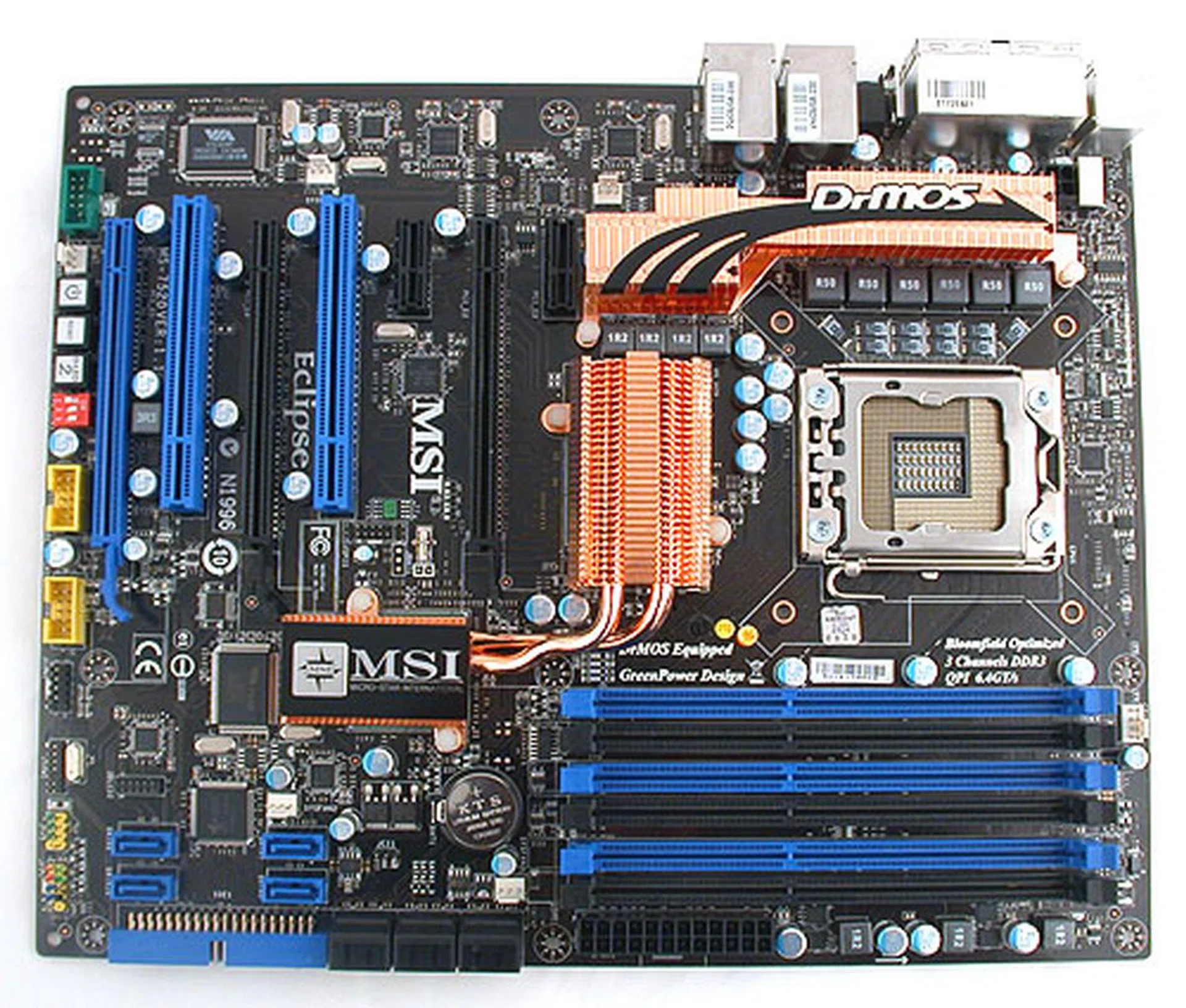 More sober colors from another vendor, with blue and black the predominant colors for the MSI Eclipse SLI. At a glance, MSI has removed the floppy connector and bolstered that with 10 SATA ports. There are also two eSATA ports, making this MSI the X58 board for storage buffs.