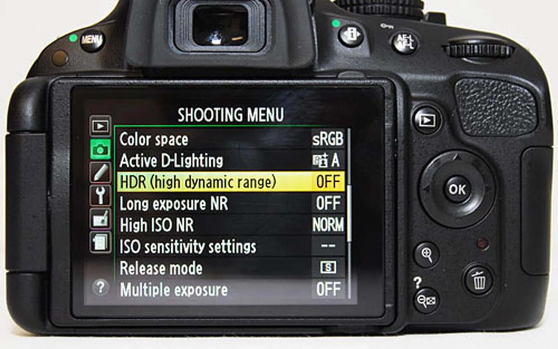 The HDR feature is buried inside the Menu, and once a shot is taken it switches off automatically.