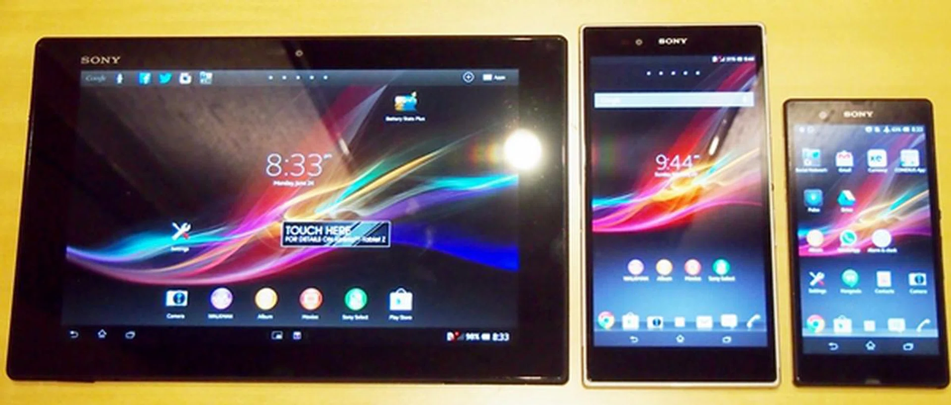 The three flagship Xperia devices share similar design traits. <br> Left to right: Sony Xperia Tablet Z, Sony Xperia Z Ultra and the Sony Xperia Z.