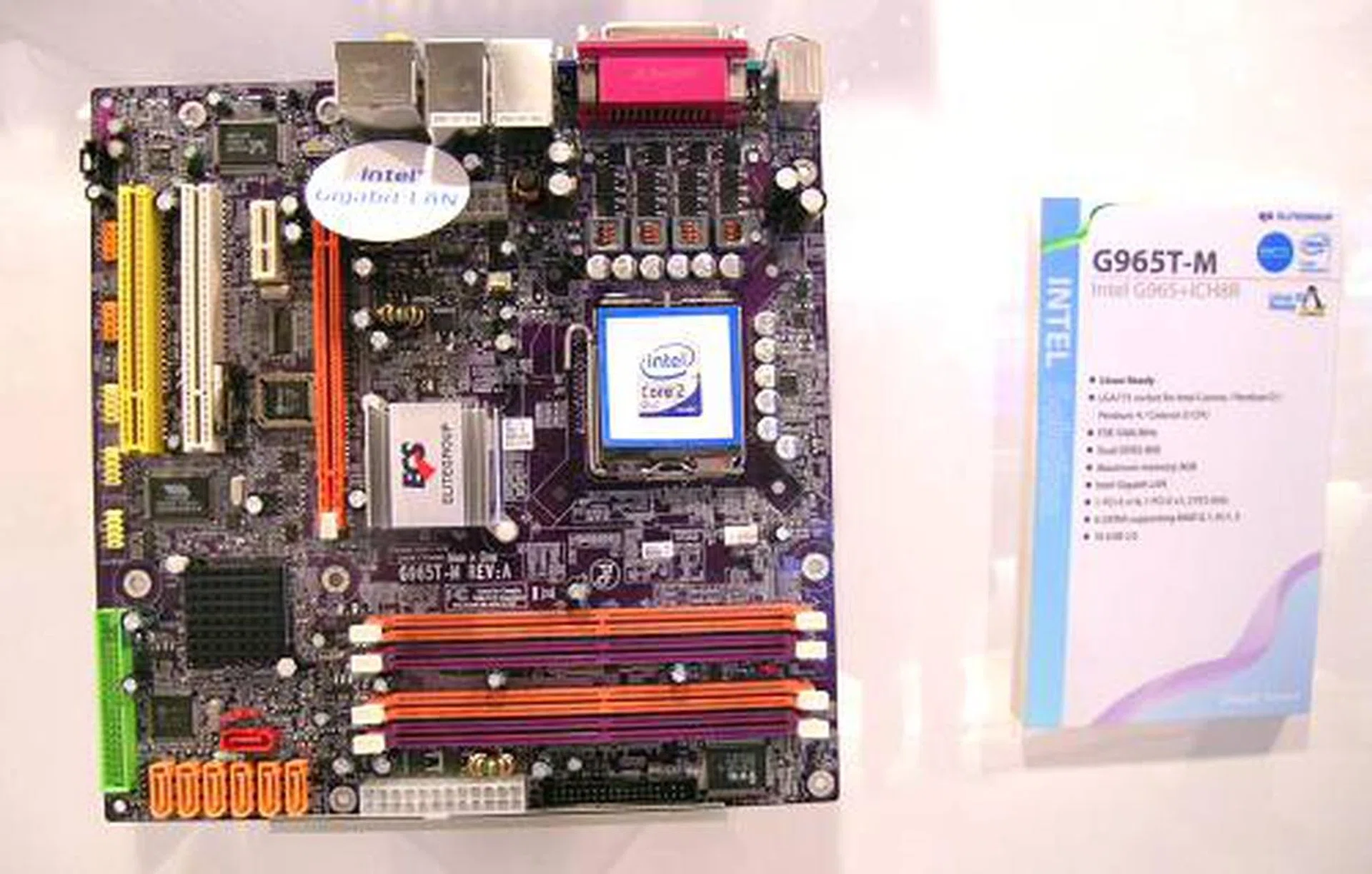 The integrated graphics version of the new Broadwater platform. ECS' G965T-M may be a micro ATX motherboard, but it still packs in the high end ICH8R Southbridge.