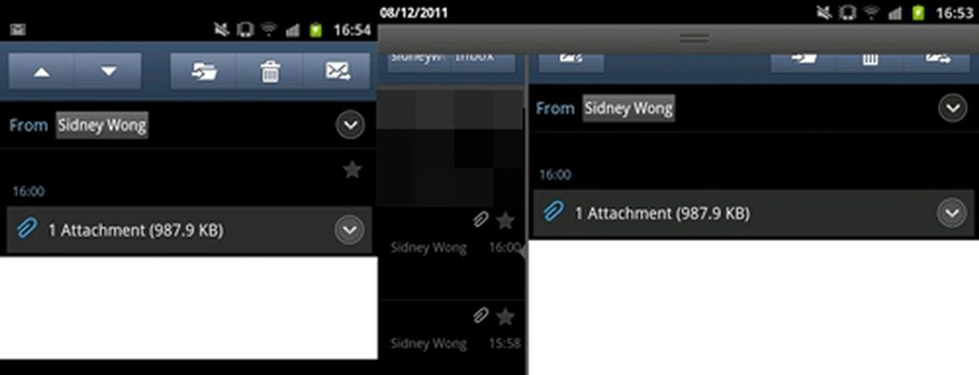 The huge 5.3-inch display of the Samsung Galaxy Note makes it perfect for split screen operation on frequently used native apps such as Email. For example, you can only view a single email at one time in portrait mode (left). By tilting it to landscape mode and making meaningful use of the extra screen estate, you are able to easily scroll down your emails with a preview window at the side (right).