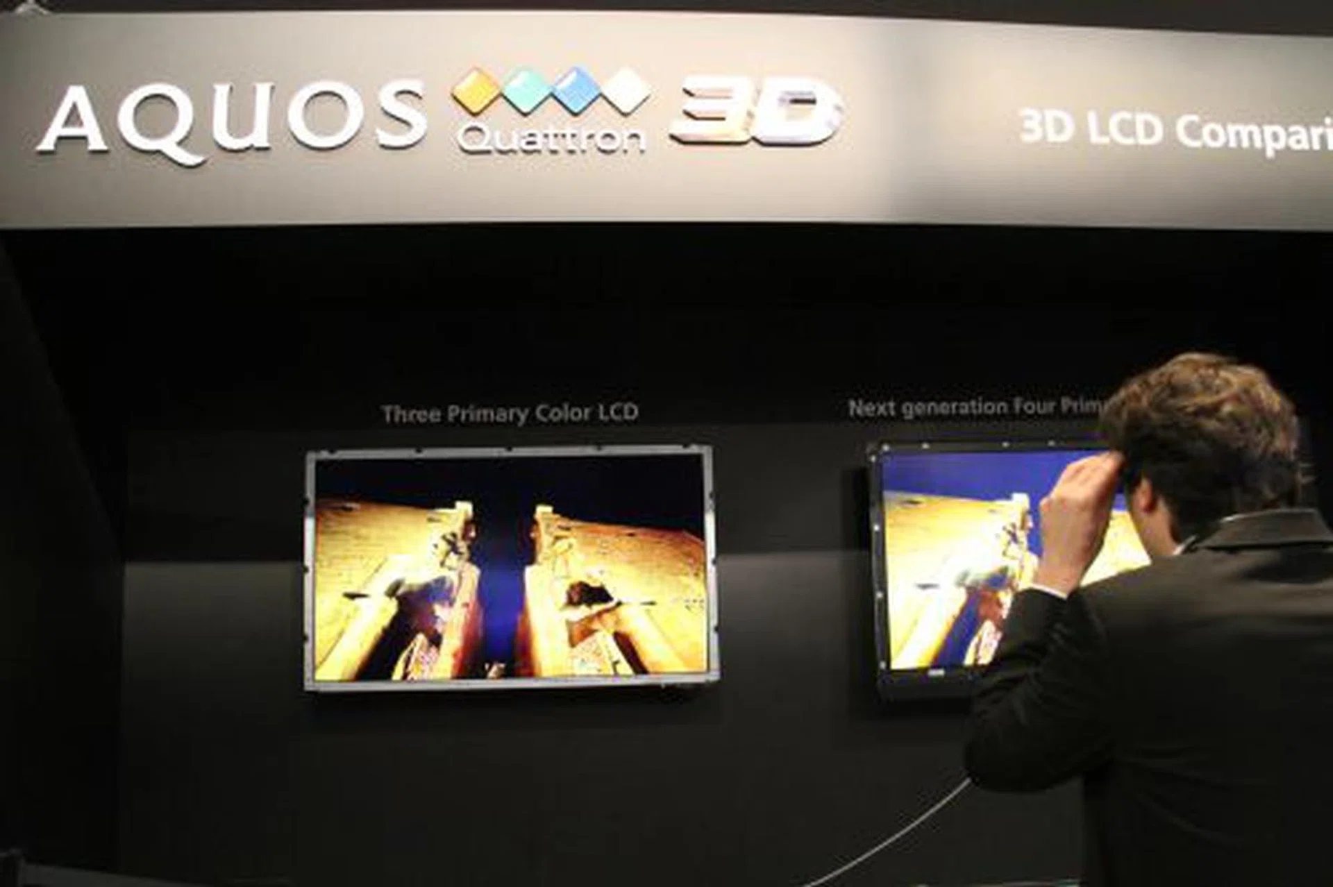 Sharp demonstrated its Quattron 3D TVs that utilizes a fourth yellow color beyond the standard three primary RGB colors.