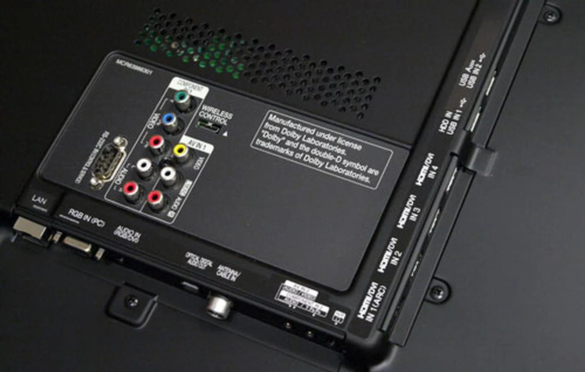 Analog connectors such as the AV IN 2 (Composite) and Component IN 2 jacks will require a breakout cable. Other downward-facing ports include the TV's Ethernet and RGB (VGA) connectors. All digital connections (quad HDMI and dual USB ports) are more conveniently located on the side.