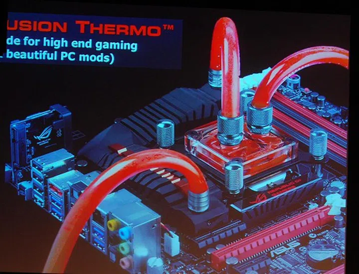 The CPU water cooling block and tubing shown here (not supplied) are an example to complement the Fusion Thermo cooling solution and matches the board's design theme well.