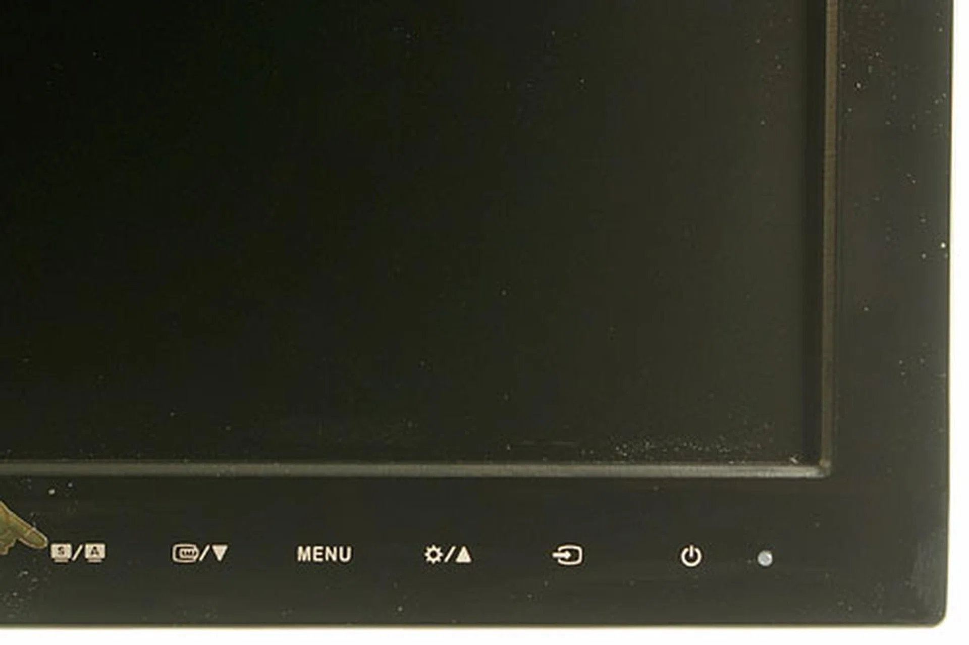 The labels of the controls are printed along the bottom bezel. Farthest to the right is the LED status indicator.