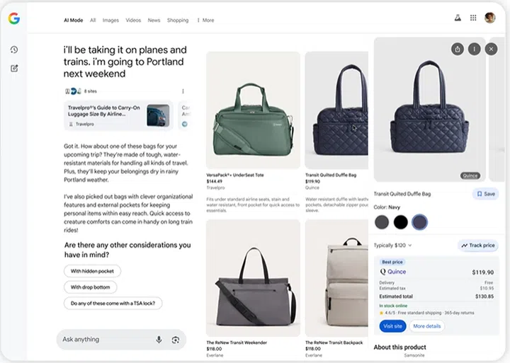 An example of AI Mode's search results when you're out shopping on the web. Image: Google.