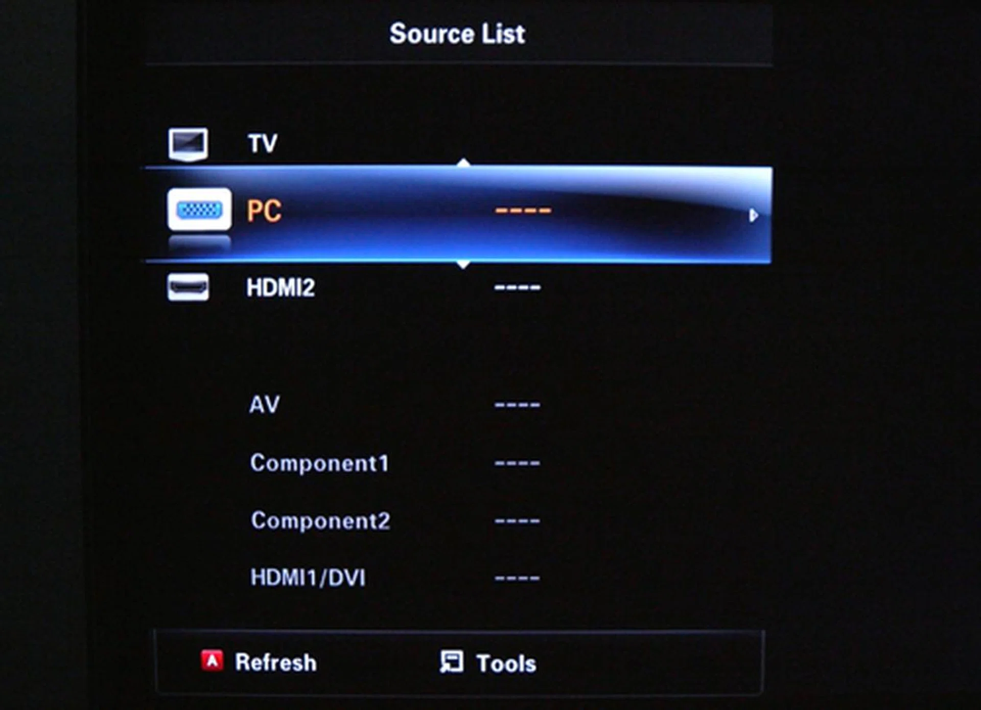 The TV and PC inputs are perpetually there, but notice how the HDMI2 selection is highlighted above the rest. Hint - our Blu-ray deck is plugged into the HDMI2 port. This active input detection should save you some finger work.