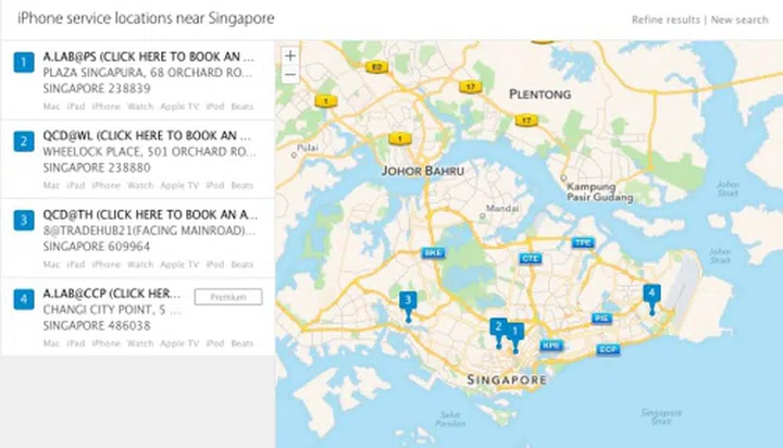 Locations of the authorized iPhone service providers in Singapore.