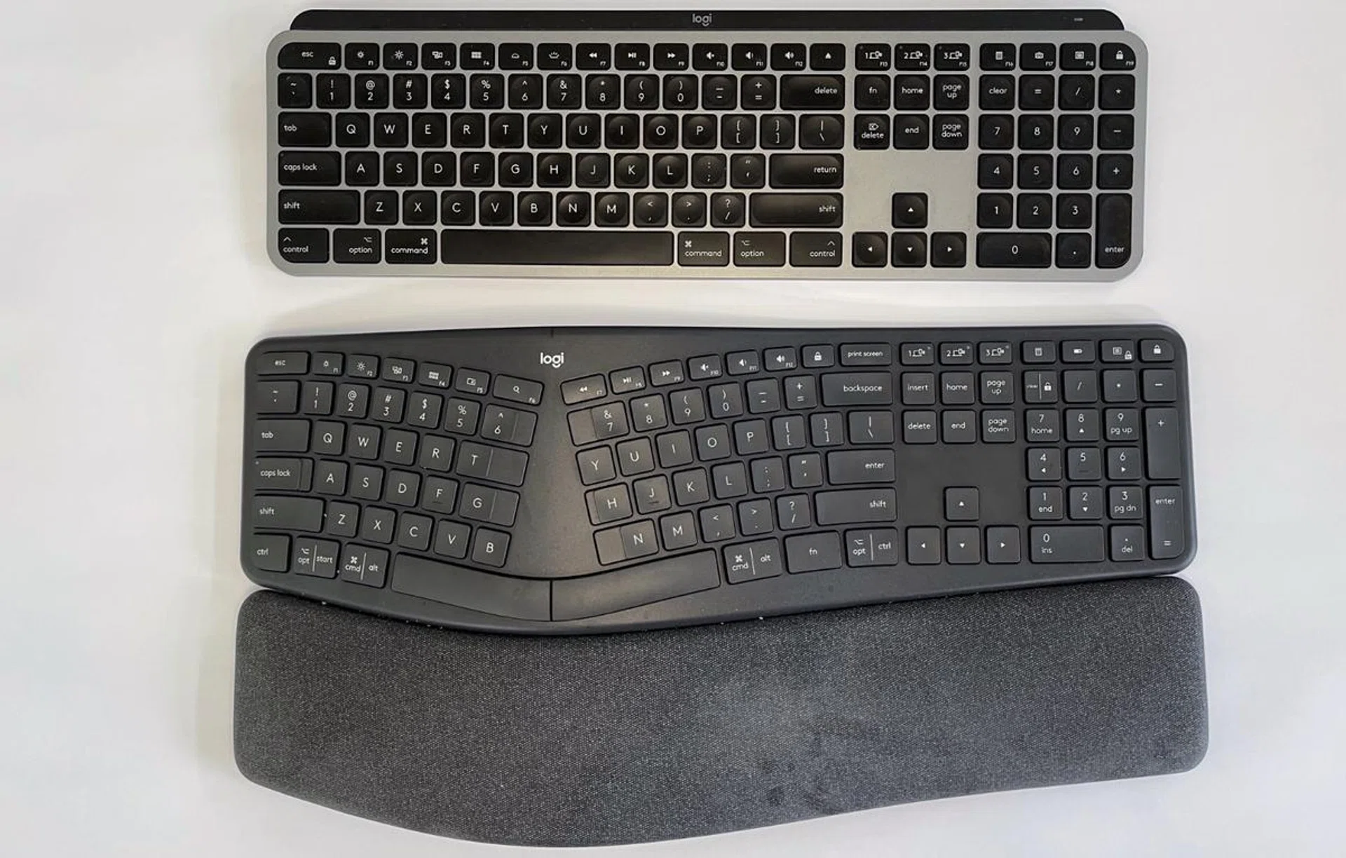 The size comparison between the Logitech MX Keys (above) and the Ergo K860 (bottom). 