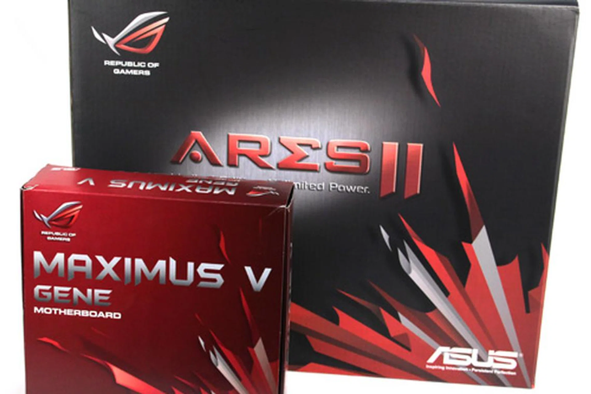 The packaging for the ROG ARES II is huge! Here it is next to an ASUS ROG MAXIMUS V GENE Micro ATX motherboard