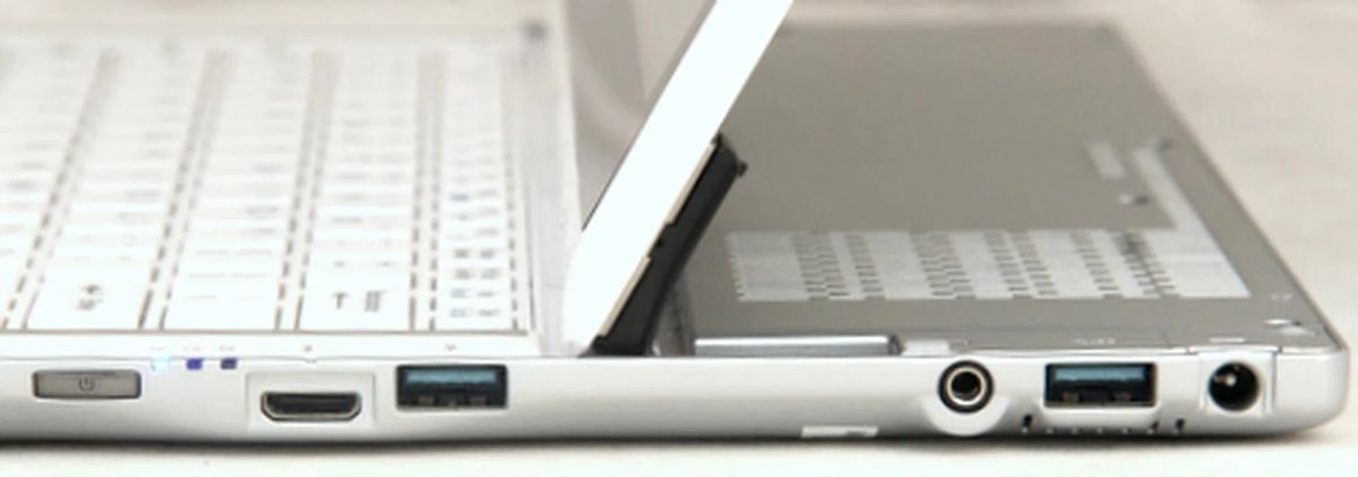 Ports are mostly on the right of the machine - there're two USB 3.0 ports, a mini-HDMI port, 3.5mm audio output jack and the ill-placed power button.
