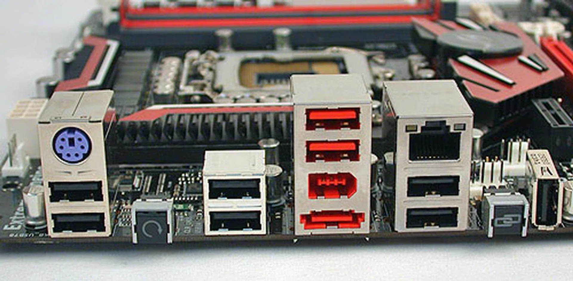 Removing the audio I/O to its add-on audio module, the rear of the ASUS appears a bit barren. There's space however for eight USB ports, not counting a reserved port for the ROG Connect feature. Surprisingly for its class, there's only one Gigabit LAN connector, though we didn't miss having two at all. A Clear CMOS, FireWire and eSATA complete the connectors.