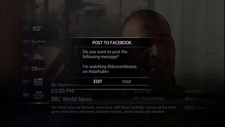 You can post comments about programs on Facebook, or even even ‘like’ a show. (Image source: StarHub.)