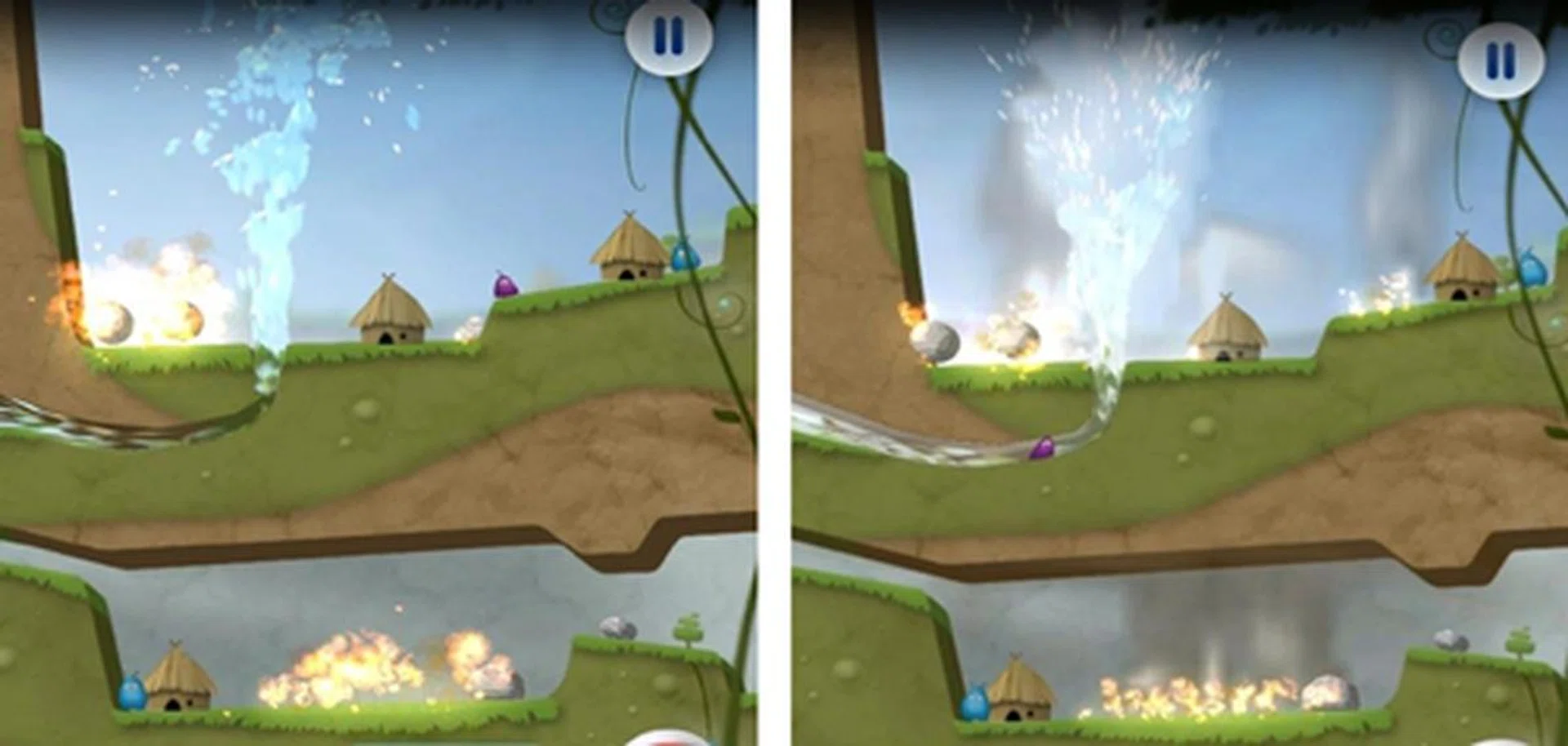 Take a close look at both basic version (left) and enhanced version (right) for the Tegra 3 devices of a game called Sprinkle. You can clearly seen the more realistic texture of both smoke and water in the enhanced version.