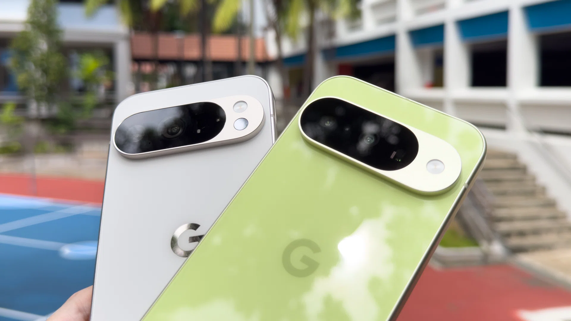 Google Pixel 10 in Lemongrass, Google Pixel 10 Pro in Porcelain.