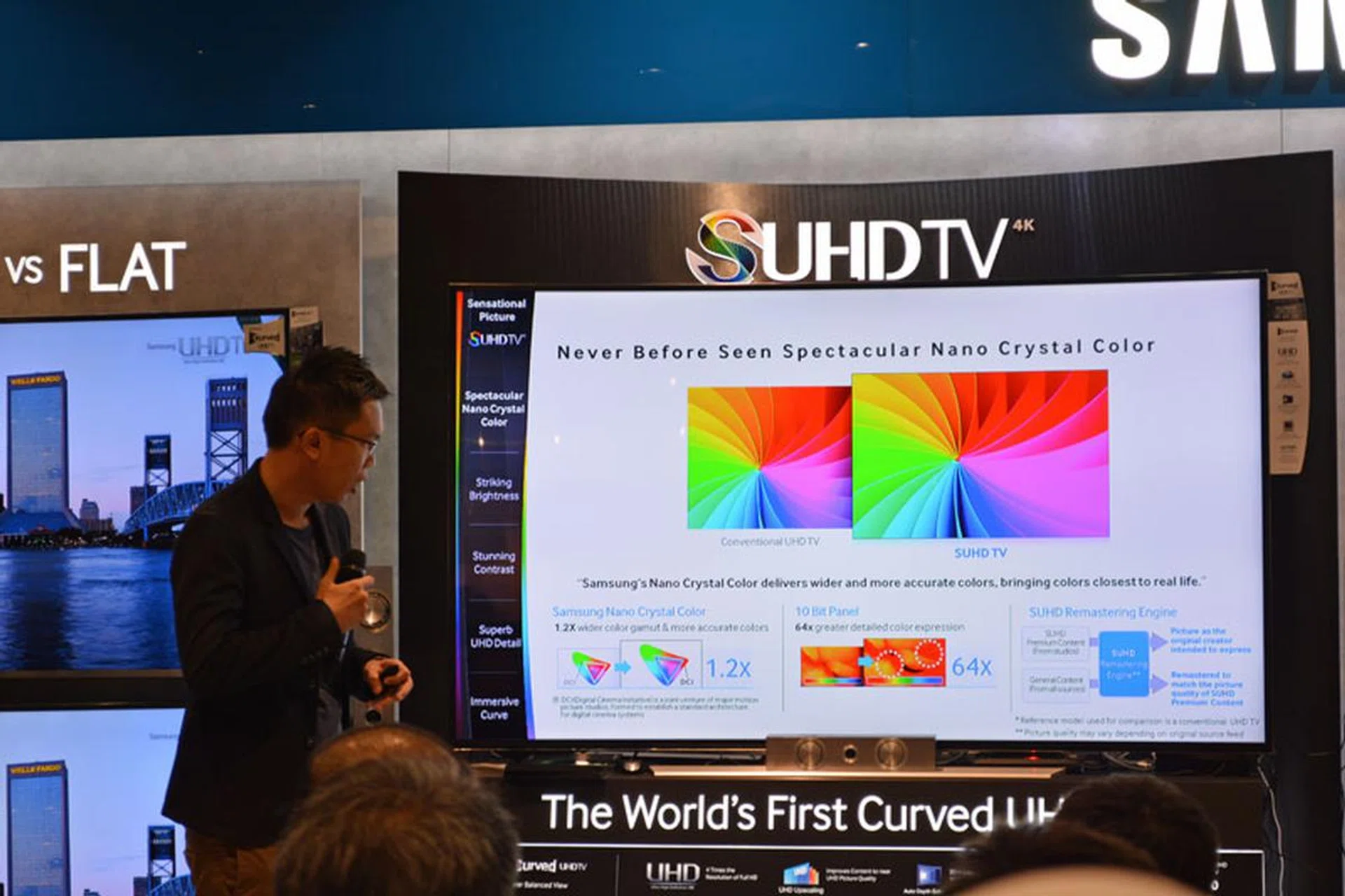 Gavin Yeong, Samsung's Product Manager for TV and AV, speaking to members about the benefits of Samsung's nano-crystal technology in its new SUHD TVs.