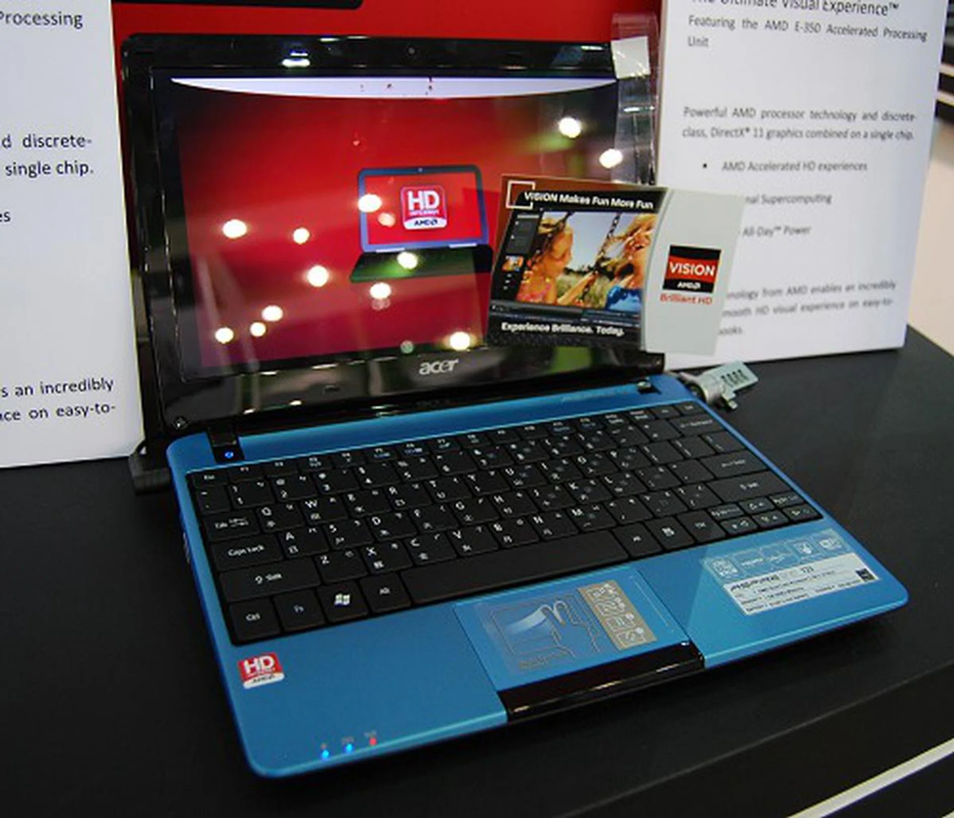Here's another turquoise blue laptop courtesy of Acer's Aspire One 722. Since it's a netbook, it comes with an even lower powered APU with the AMD C-50 dual-core Fusion processor. Other spec include a 10-inch screen with a resolution of 1366 x 768 pixels, HDMI output, multi-finger gesture input trackpad, 320GB HDD and a 6-cell battery.