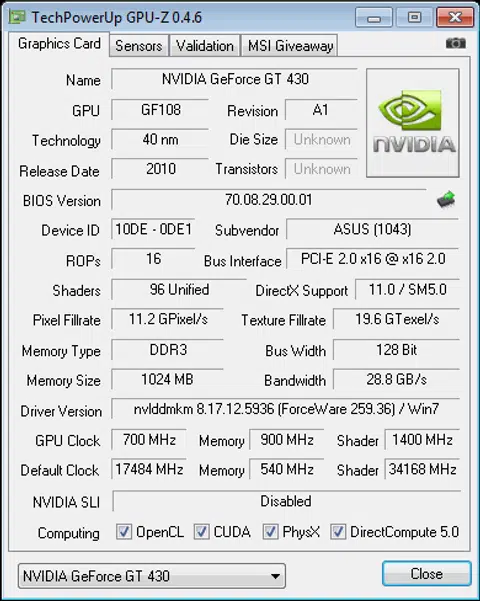 Screenshot of GPU-Z detailing the new GeForce GT 430. Note, however, that because GPU-Z has yet to be updated, take these figures with a pinch of salt.