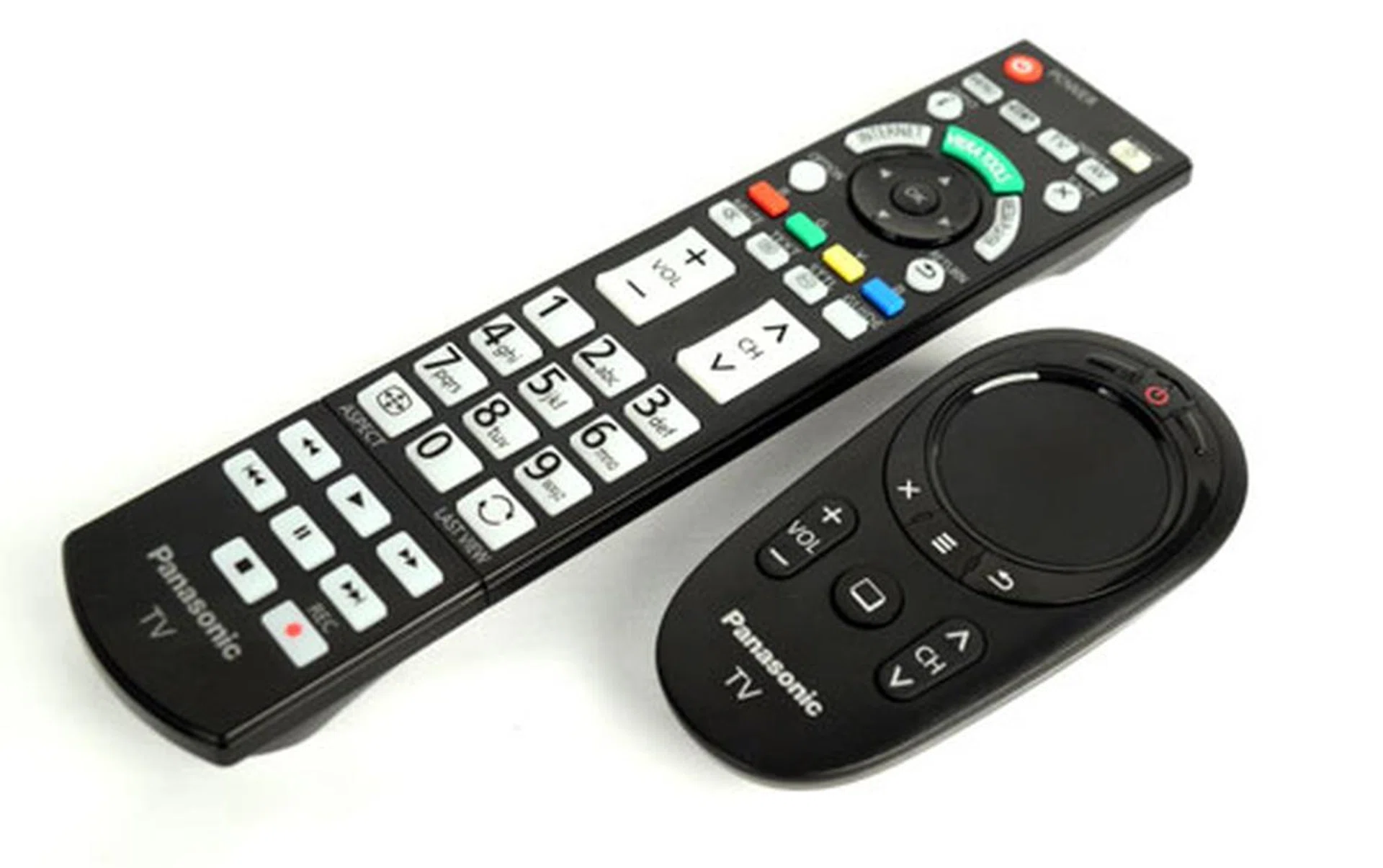 The updated vanilla remote (left) is lighter and glossier, while the Touch Pad remote is useful for navigating the web browser and Viera Connect apps.