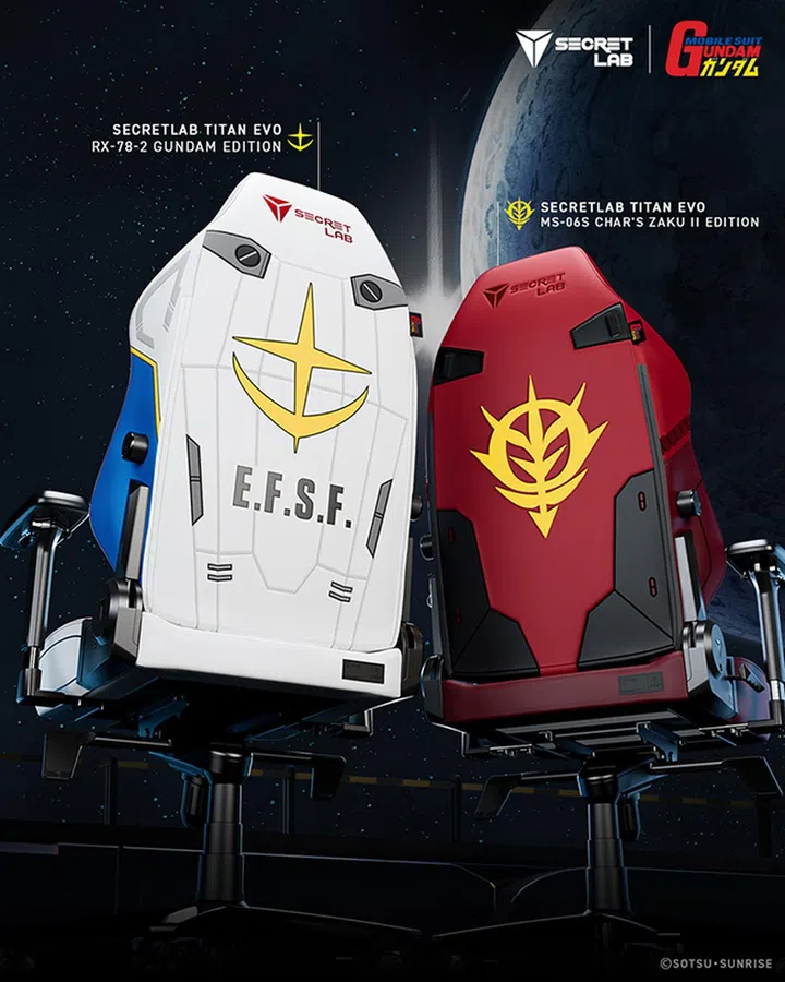 The back of the two chair designs, featuring the logos of the Earth Federation Forces and Principality of Zeon. Photo: Secretlab.