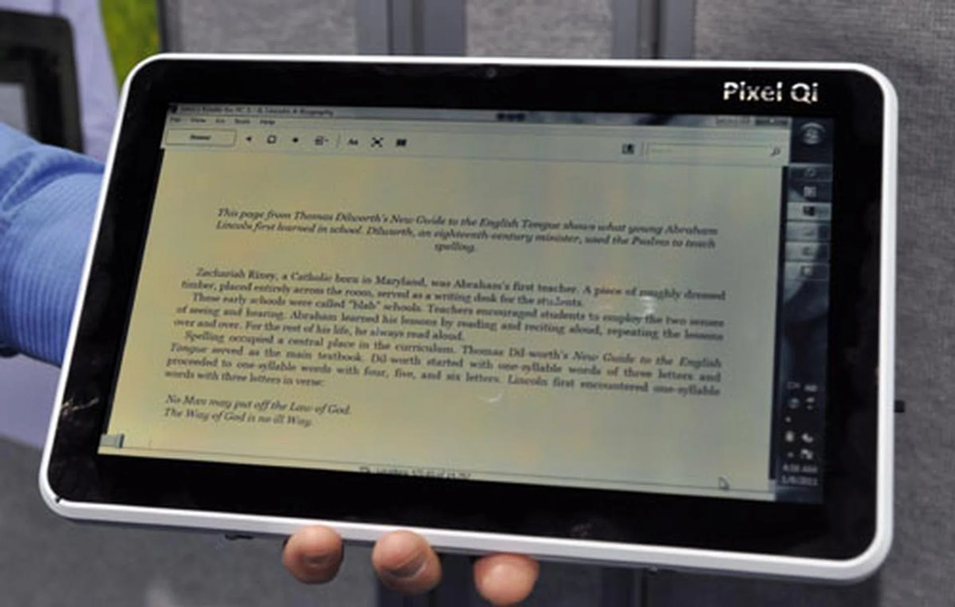 The same tablet with the lights turned off and the transreflective screen in action.