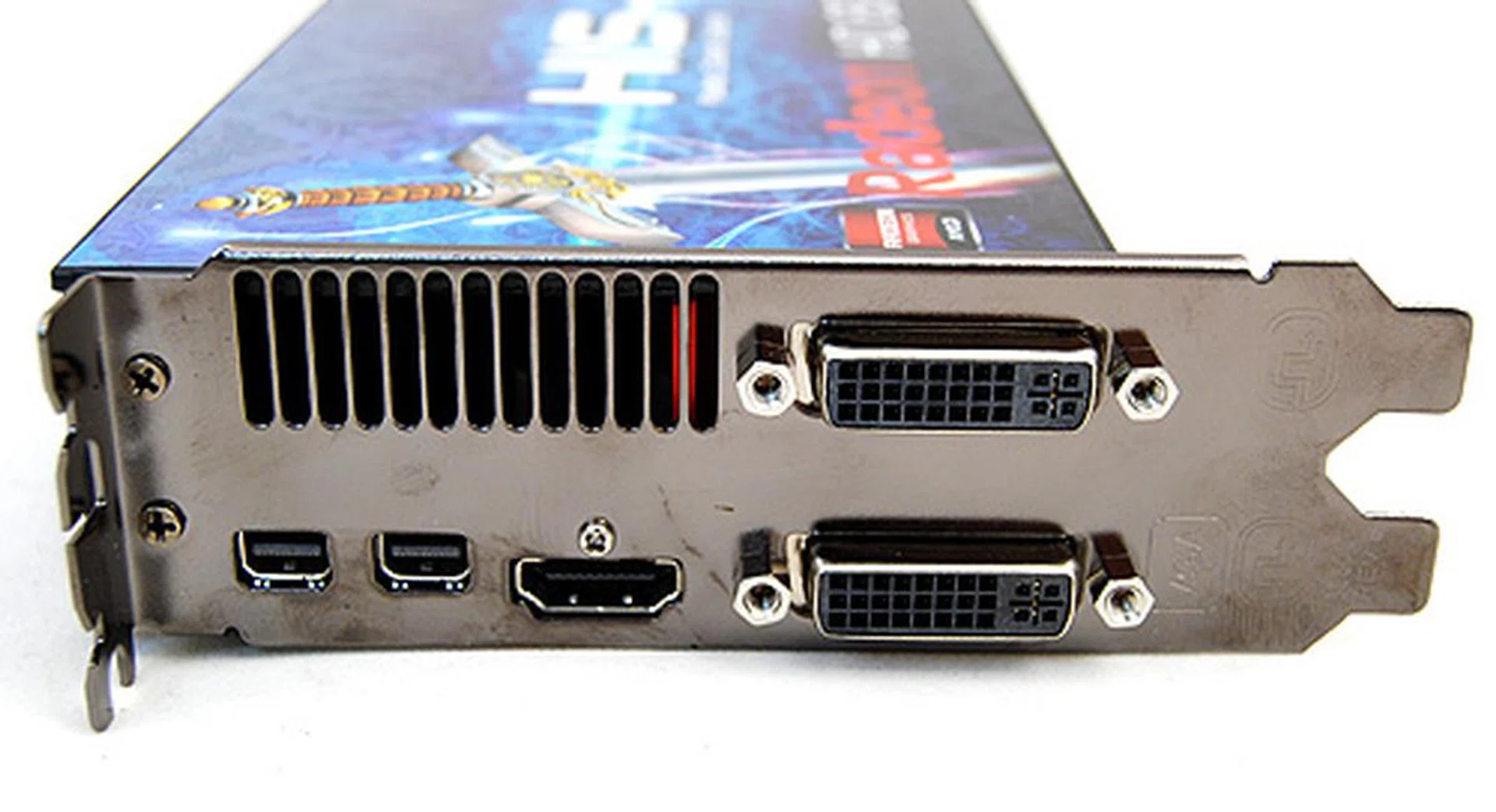 There are five video output connectors on the Radeon HD 6870. Count them: two mini-DisplayPorts, a single HDMI port, and two DVI ports (one is dual-link and the other is single-link).
