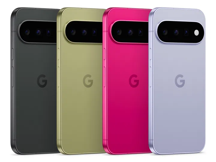 Google Pixel 11 in Obsidian, Olive, Hibiscus and Frost (L-R)