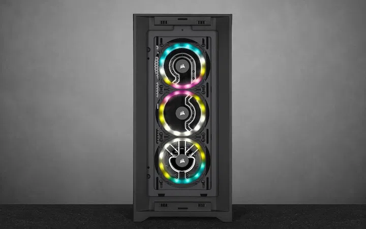 Front view of the Corsair 5000D Hydro X case with the distribution plate and RGB lighting.