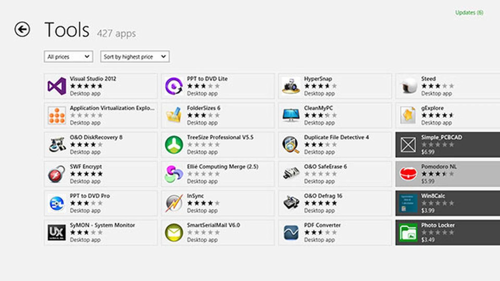 A desktop app tile in an app listing is styled slightly differently from a Modern-style app. For one, you don't see the price; in its place are the words 'Desktop app'.