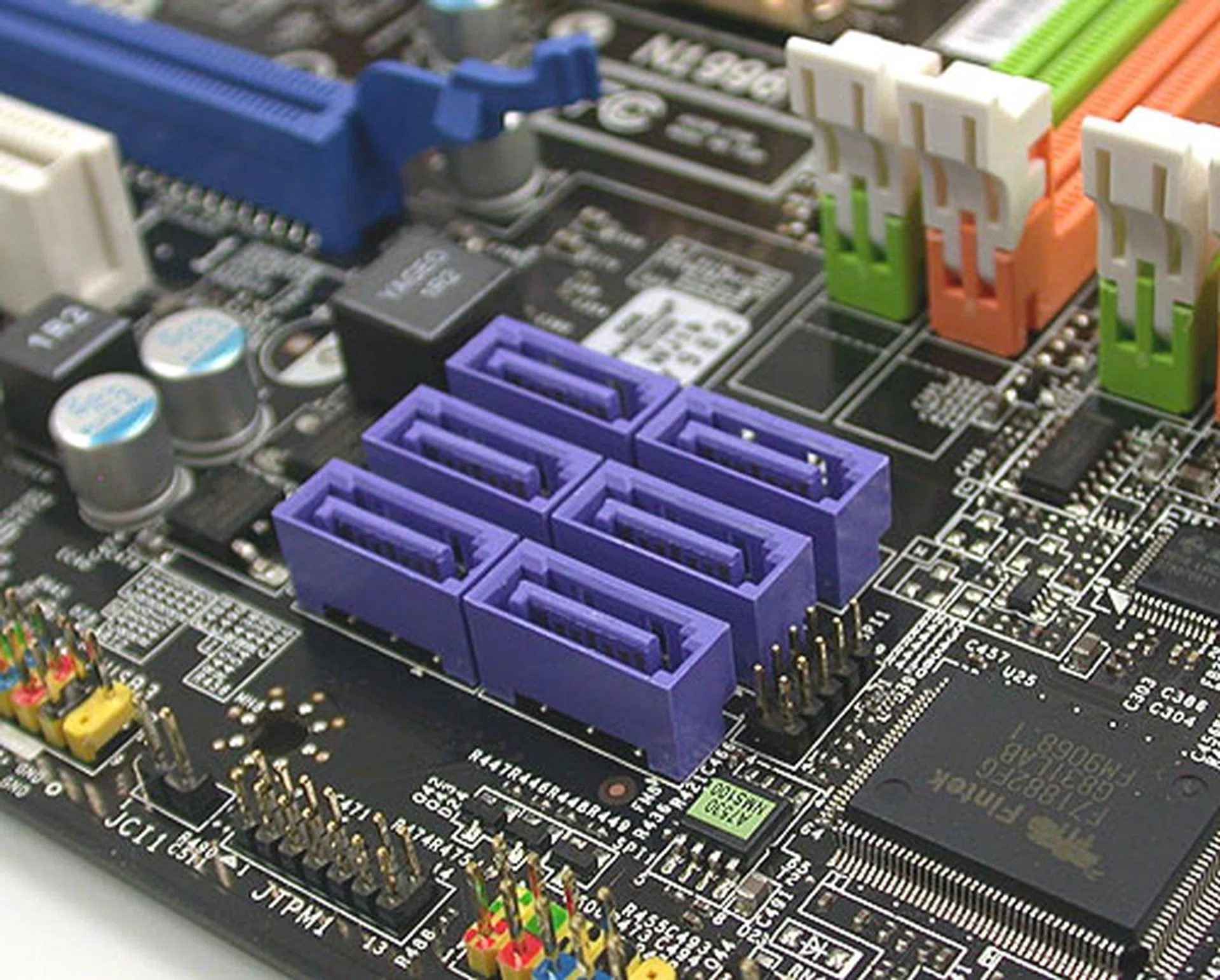 There are six SATA 3.0Gbps ports as determined by the chipset. The layout is not ideal, with the ports aligned such that the SATA cables may be blocked by longer expansion cards.