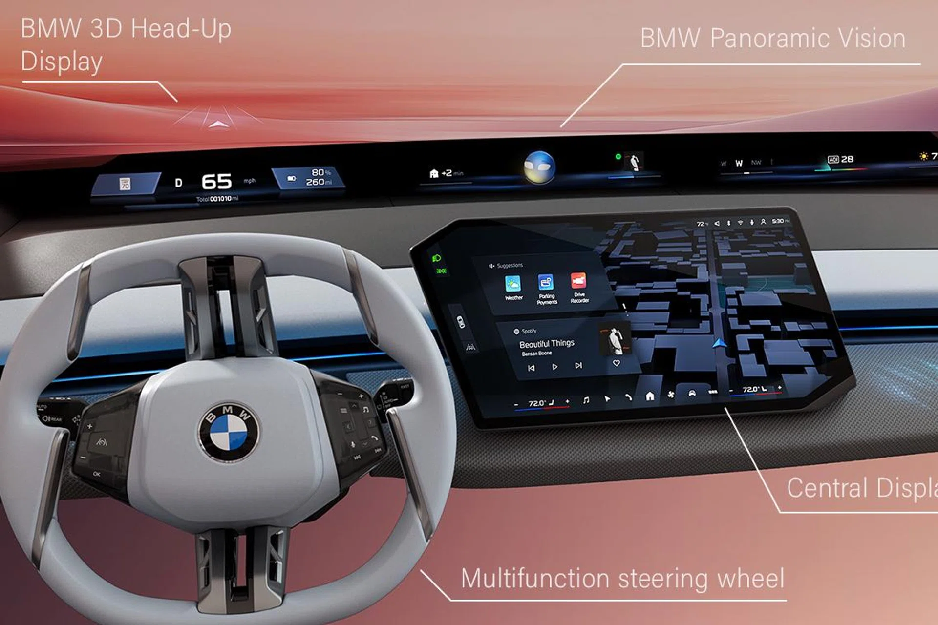 A render of what BMW's new Panoramic iDrive might look like in a production vehicle. Photo: BMW