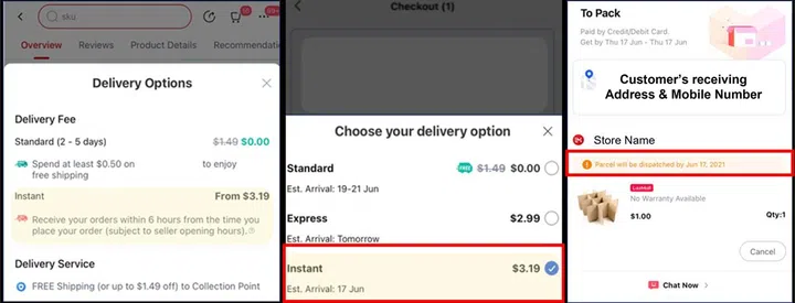 L to R: Products eligble will show the "Instant" delivery option. Select the preferred delivery timeline, and checkout as you normally would.
