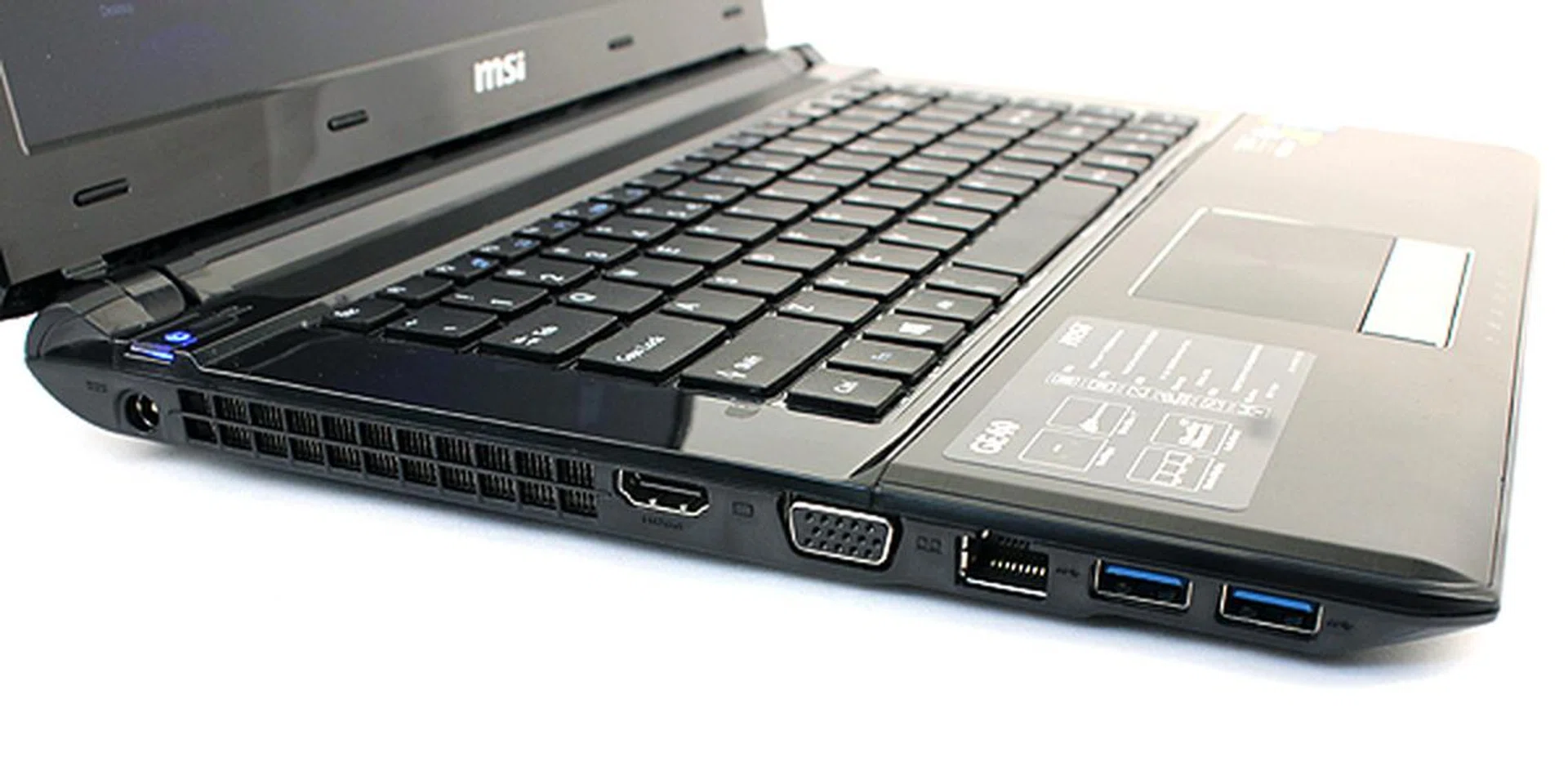 The left side of the MSI GE40 houses most of its ports. There are two USB 3.0 ports, an Ethernet jack, HDMI and VGA ports.